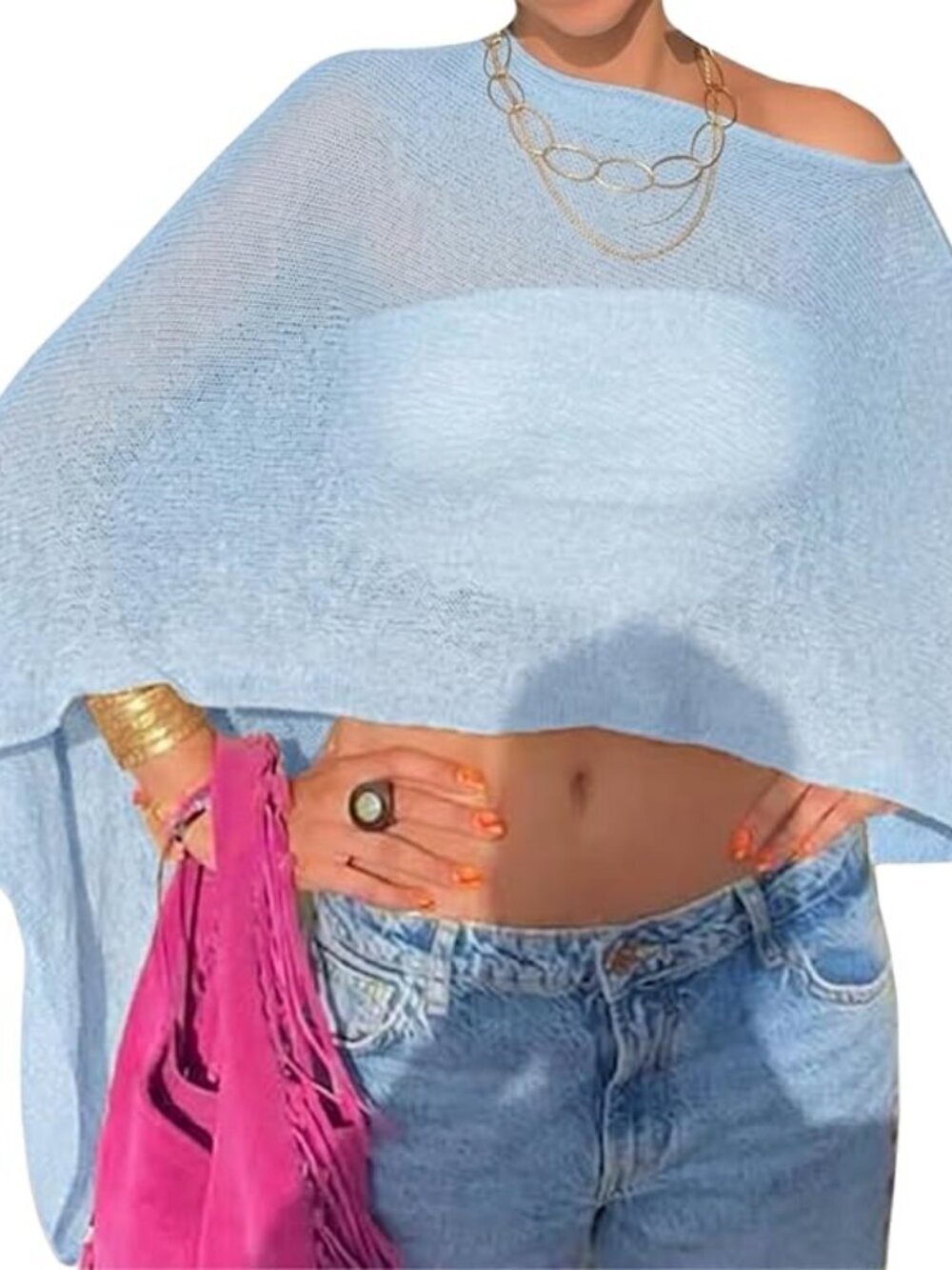 Women's Light Blue Sheer Poncho Top Knit Crochet Lightweight See Through Shawl